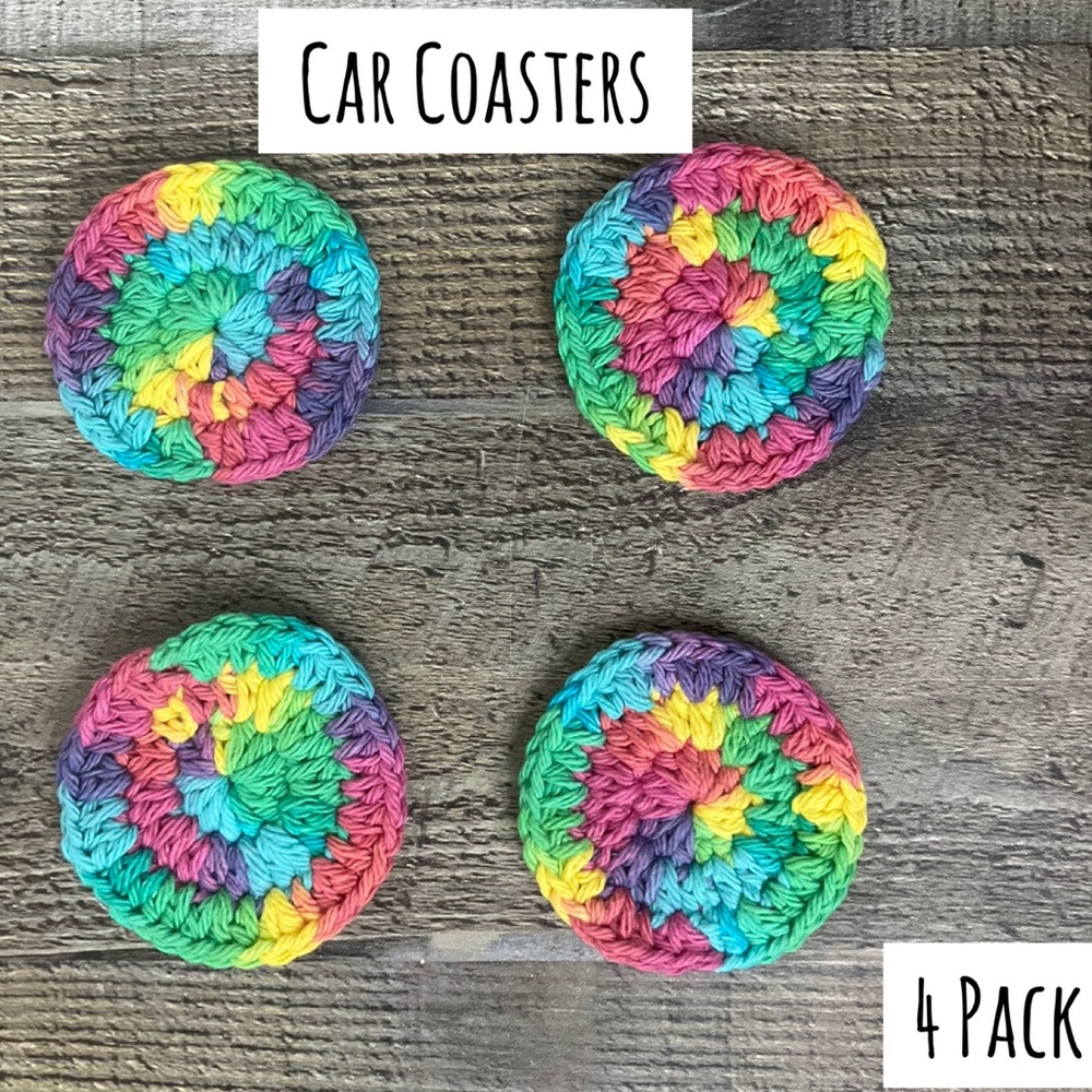 Handmade Crochet Car Coasters Rainbow 4 Pack